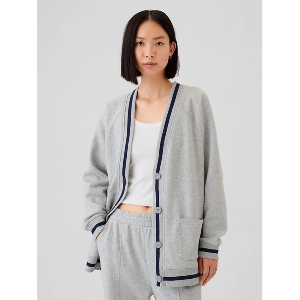 Gap Cardigan Women S Gray Oversized Varsity Fleece Button Front Preppy Blue‎